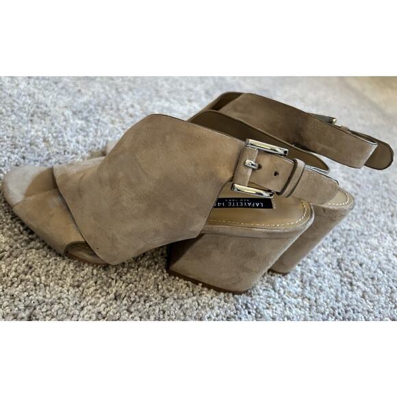 Lafayette 148 Covell Sandals Sz 6.5 Neutral Beige Suede Leather Slingback Heels - Picture 3 of 13